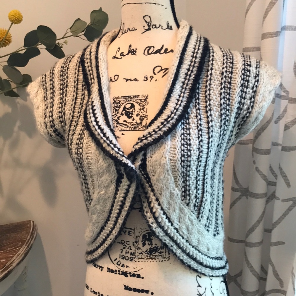 CAbi Cream and Black Striped Knit Short-Sleeve Vest
